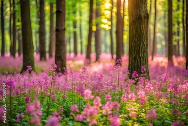 Fototapeta Macro impressionist forest with pink wildflower