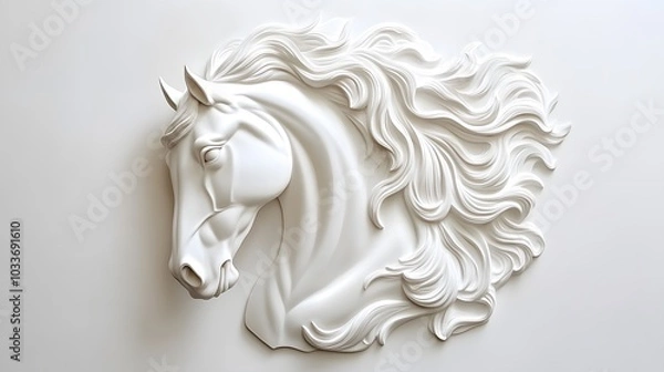 Fototapeta 3D embossed white painting of a horse's head on a canvas with a white background, featuring fluid lines