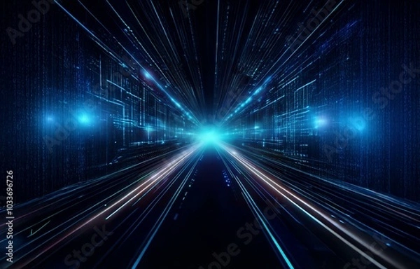 Fototapeta A digital, abstract background of glowing blue lines converging towards a bright light at the end of a tunnel.