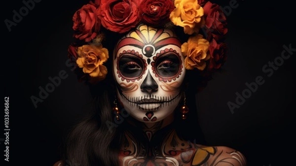 Fototapeta Close-up portrait young woman with sugar skull make up, flowers. Neural network ai generated art