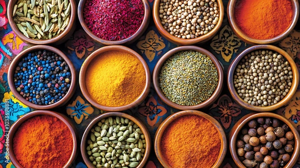 Obraz Spice-Themed Magazine Corner with Colorful Bowls