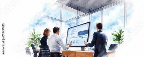 Fototapeta Watercolor painting of a modern office with businesspeople collaborating on a digital display, modern office, collaboration, technology in business