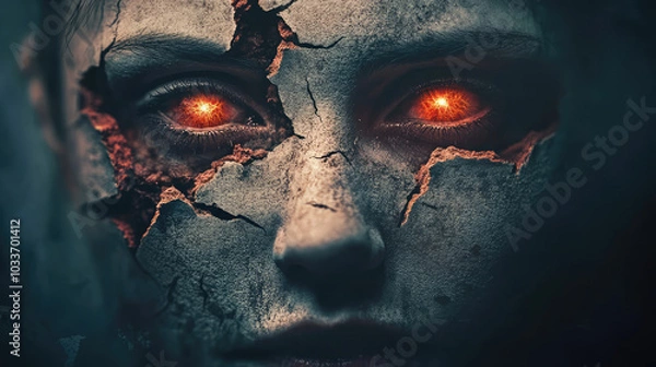 Fototapeta A close-up of a ghostly face, its hollow, glowing eyes staring blankly, the decayed and cracked skin revealing the horror beneath, the twisted grin sending waves of fear through the viewer