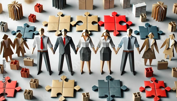 Fototapeta Diverse corporate teamwork depicted with origami figures and puzzle elements, highlighting unity, collaboration, and business strategy in a professional environment