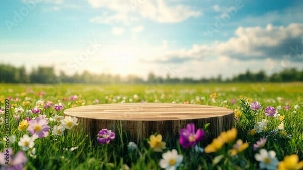 Fototapeta Wooden stump surrounded by colorful flowers
