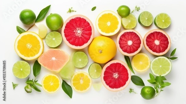 Fototapeta A colorful assemblage of sliced citrus fruits, including grapefruits and limes, artfully arranged against a pristine white surface.
