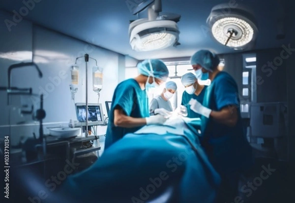 Fototapeta A team of surgeons perform a procedure in a sterile operating room.