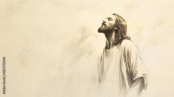 Fototapeta Radiant Triumph Over Temptation   Bright Light Shines from Above Illuminating Jesus as the Shadows of Temptation Fall Away