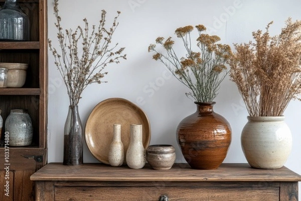 Fototapeta Minimalisitic composition of modern living room interior with brown commode, vase and sculptures. White wall. Copy space. Template, Generative AI