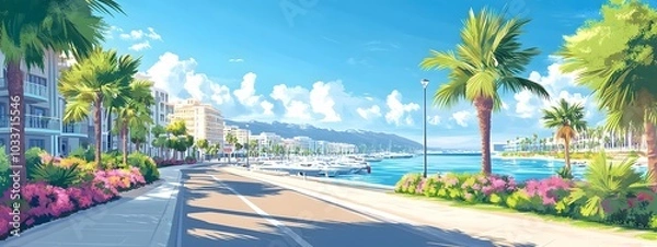 Obraz A beautiful illustration of the coastal city street in Sh quien el marina, Egypt with luxury villas and shops on either side of it.