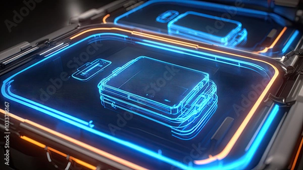 Fototapeta Close-up of the X-ray scanner screen showing the outline of electronic devices inside a suitcase at an airport checkpoint. --chaos