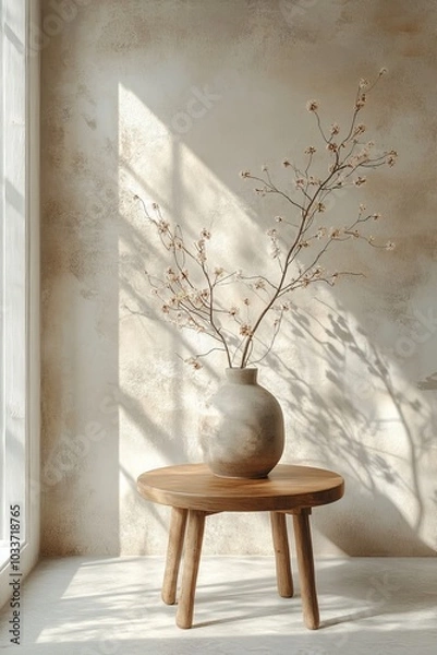 Fototapeta Minimalist composition of japandi living room interior with modern paint, wooden sideboard, vase with red rowan, carpet, bowl, candlestick, books and personal accessories. Home decor, Generative AI