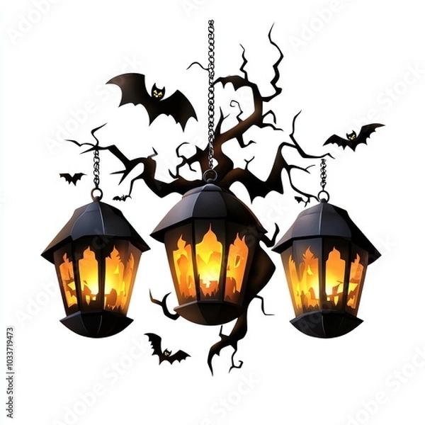 Fototapeta A spooky chandelier featuring lanterns with flickering flames, surrounded by bats and twisted branches, perfect for Halloween ambiance.