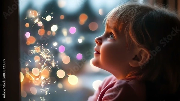 Fototapeta A child looking out a window at fireworks celebrating New Year 2025 with colorful sparks in the sky