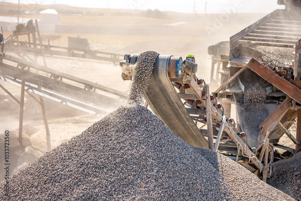 Obraz Crushing stones in a quarry for processing minerals, cement, limestone. Distribution and Screening Plant Gravel. Vibrating screen stone crusher in operation.
