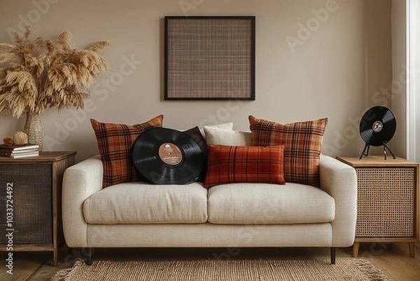 Fototapeta The stylish composition of cosy entryway with grey bench, black consola, hanger and lamp. Beige wall. Home decor. Template, Generative AI