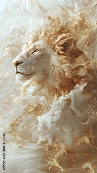 Obraz A majestic lion, with its regal mane and intense gaze, stands in the center of an ethereal background filled with swirling mist and delicate flowers