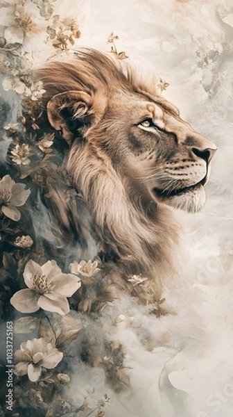 Obraz A majestic lion, with its regal mane and intense gaze, stands in the center of an ethereal background filled with swirling mist and delicate flowers