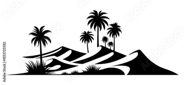 Fototapeta This vector illustration shows a desert oasis with palm trees and grass growing