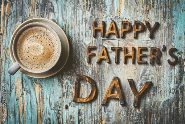 Fototapeta The words HAPPY FATHER'S DAY are displayed in a vintage wood letter font on a grunge background with a coffee cup still life.