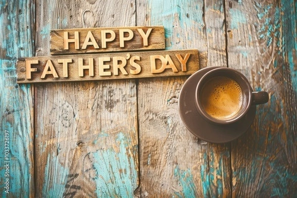 Fototapeta The words HAPPY FATHER'S DAY are displayed in a vintage wood letter font on a grunge background with a coffee cup still life.