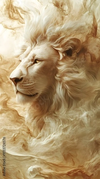 Obraz A majestic lion, with its regal mane and intense gaze, stands in the center of an ethereal background filled with swirling mist and delicate flowers