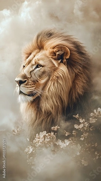 Obraz A majestic lion, with its regal mane and intense gaze, stands in the center of an ethereal background filled with swirling mist and delicate flowers