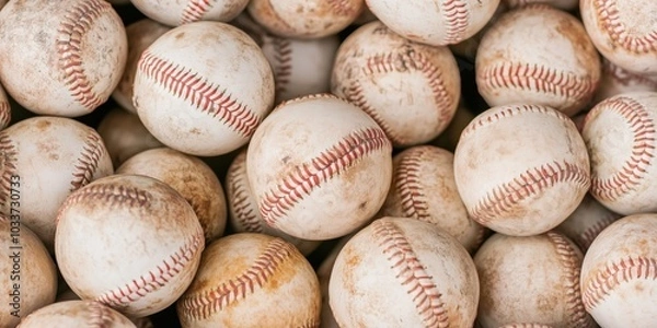 Fototapeta A background of lots of dirty baseballs. Sports banner with full coverage of baseballs used at games