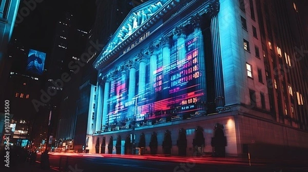 Fototapeta An outdoor shot of a stock exchange building with financial symbols and data projected on the exterior