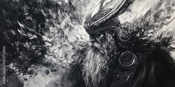 Fototapeta Fehu painting of Odin with black ink strokes, Asgard-inspired, a true masterpiece.