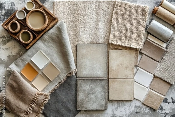 Fototapeta Creative flat lay composition with textile and paint samples, panels and cement tiles. Stylish interior designer moodboard. Blue, beige and brown color palette. Copy space, Generative AI
