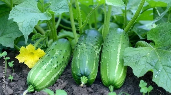 Obraz Green cucumber grows on the bed in the greenhouse, selective focus, Generative AI,