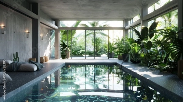 Fototapeta Modern indoor pool featuring sleek lines and large windows, The space is illuminated by natural light