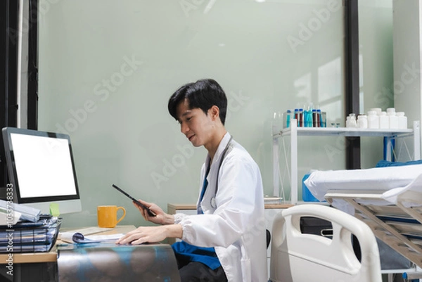 Fototapeta Medical Technology Concepts. The doctor is working on a tablet digital tablet computer in office  in the morning at the desk.