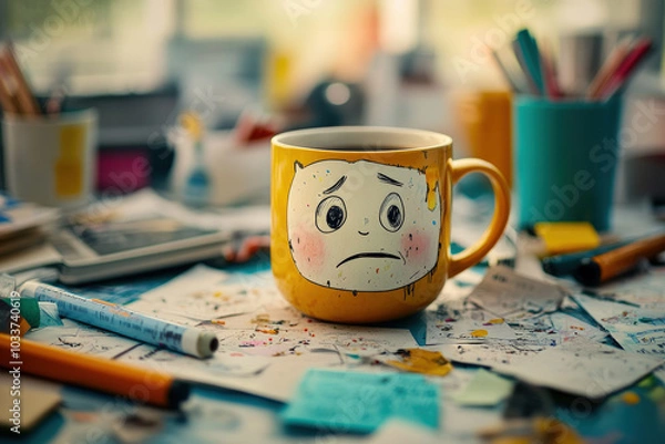 Fototapeta Mug with Sad Face and Messy Desk