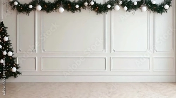 Fototapeta A beautifully arranged Christmas garland, adorned with white ornaments and warm lights, enhances the atmosphere in a minimalist room featuring white wooden flooring