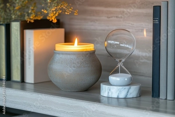 Fototapeta A minimalist interior shelf setup featuring a lit candle in a unique holder, an hourglass, books, and a decorative marble bookend. The clean and elegant arrangement exudes simplicity and