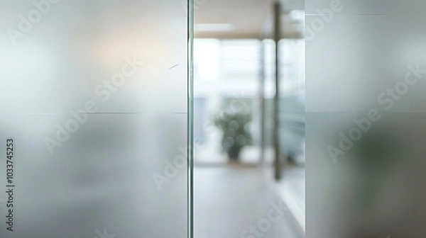 Fototapeta Close up of a frosted glass door with a blurred view of an office space behind it.