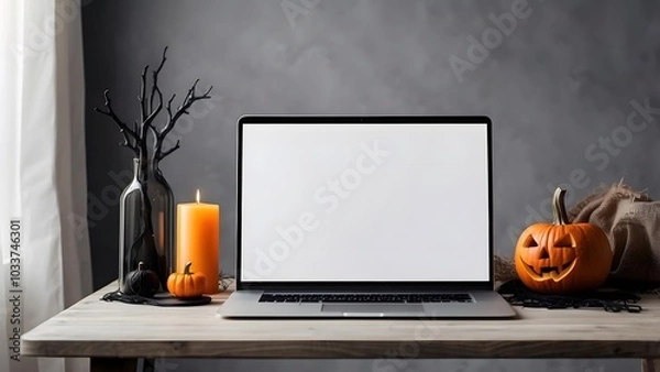 Fototapeta Modern minimalist laptop mockup on table for Halloween, blank frame of laptop screen mockup, Halloween vibes spooky scary environment of the room interior design