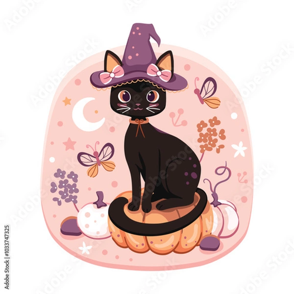 Obraz Cute little black cat with a purple witch hat with pink coquette bows sitting on a plump orange pumpkin. A pastel vector Halloween design.