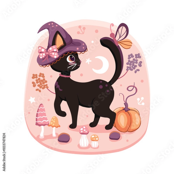 Obraz Cute little black cat with a purple witch hat with a pink coquette bow looking at a butterfly on her tail. A pastel vector Halloween design.