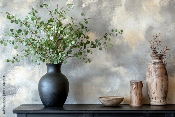 Fototapeta Creative composition of living room interior with mock up poster frame, vase with died flowers, braided plaid, modular sofa, wooden coffee table and personal accessories. Home decor, Generative AI