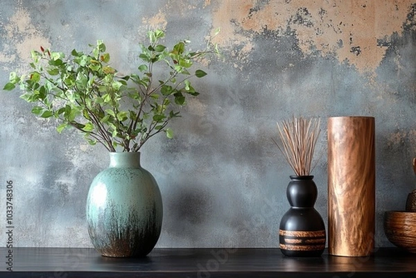 Fototapeta Creative composition of living room interior with mock up poster frame, vase with died flowers, braided plaid, modular sofa, wooden coffee table and personal accessories. Home decor, Generative AI