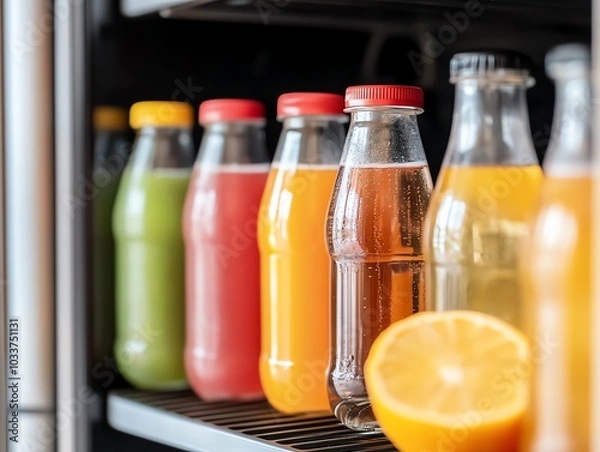 Fototapeta Assortment of colorful bottled beverages in a refrigerator.  A half orange sits in front of the bottles.