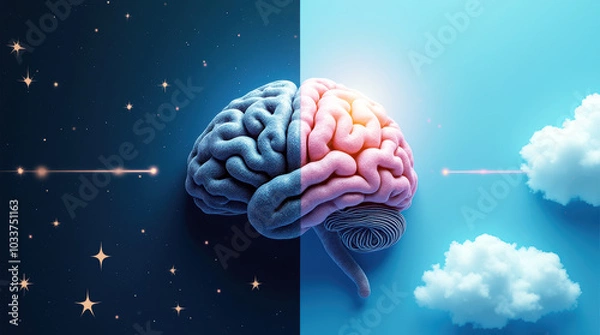 Fototapeta Brain symbolizing circadian rhythms over a background split between dark starry night and bright cloudy day