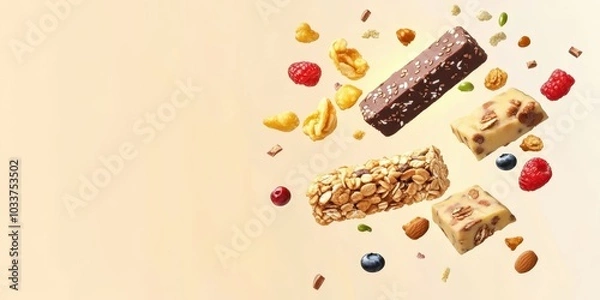 Fototapeta Assorted snack bars with nuts and fruits on a light background.