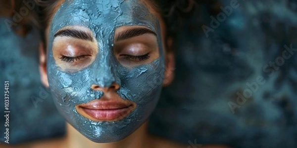 Fototapeta Woman applying a hydrating facial mask as part of a skincare routine, featuring moisturizing essence for facial repair and rejuvenation. A beauty treatment focused on skin hydration and restoration.