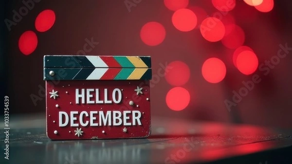 Fototapeta Decorative sign saying hello December on a table with festive bokeh lights in the background creating a warm, inviting atmosphere
