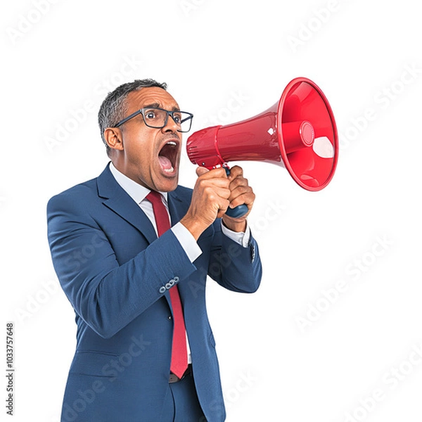 Obraz Business man shouting through a megaphone, white isolate background.
