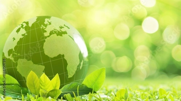 Fototapeta Green globe on leafy grass with eco-friendly light bokeh background